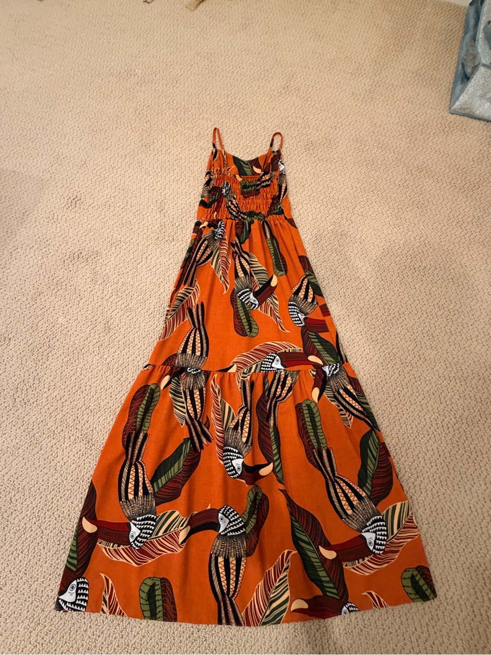 Brazilian dress Orange Tropical-Print Maxi Dress with Green Accents